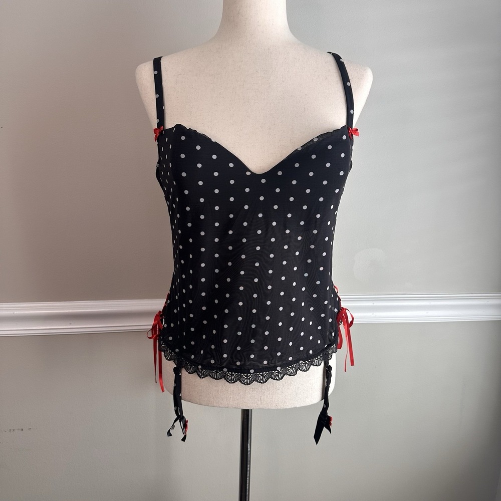 Victorias Secret Y2K Corset Top 36D Black Polka Dot Coquette Bows Bustier Sexy
